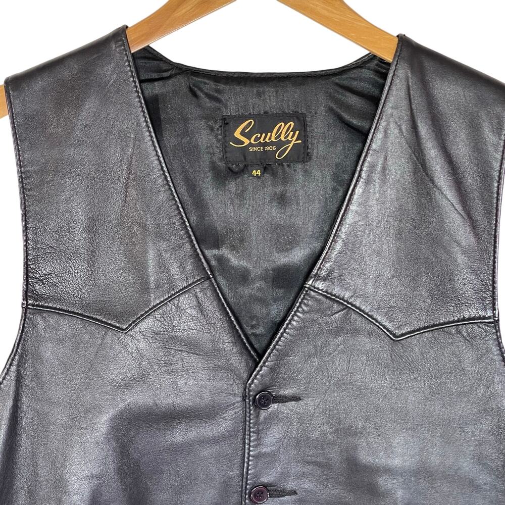 SCULLY Vintage Men’s Black Leather Button front Western Style Vest 44 - Picture 2 of 5